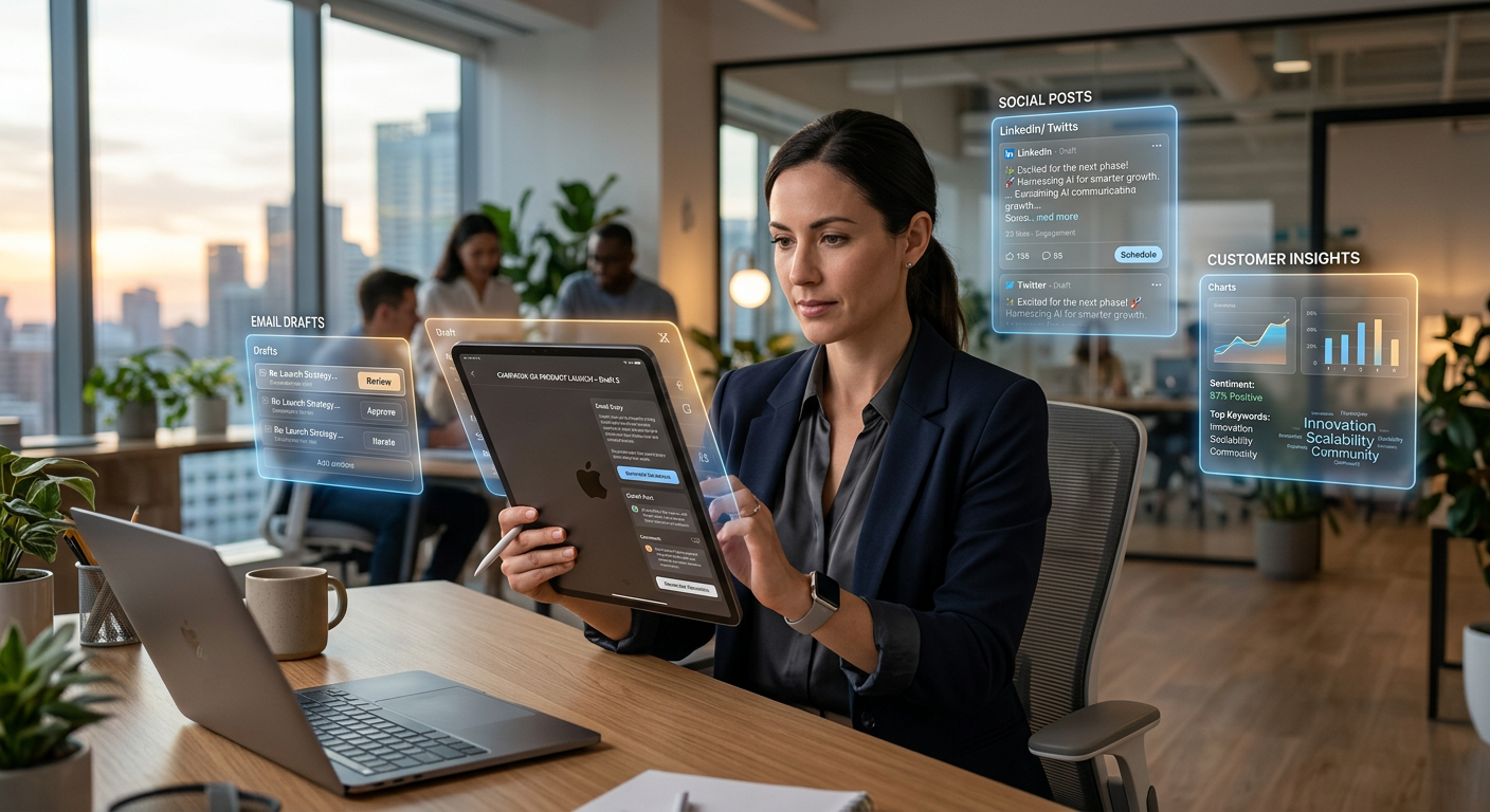 Modern photorealistic office workspace showing a founder reviewing AI-generated marketing drafts on a tablet, with floatin...