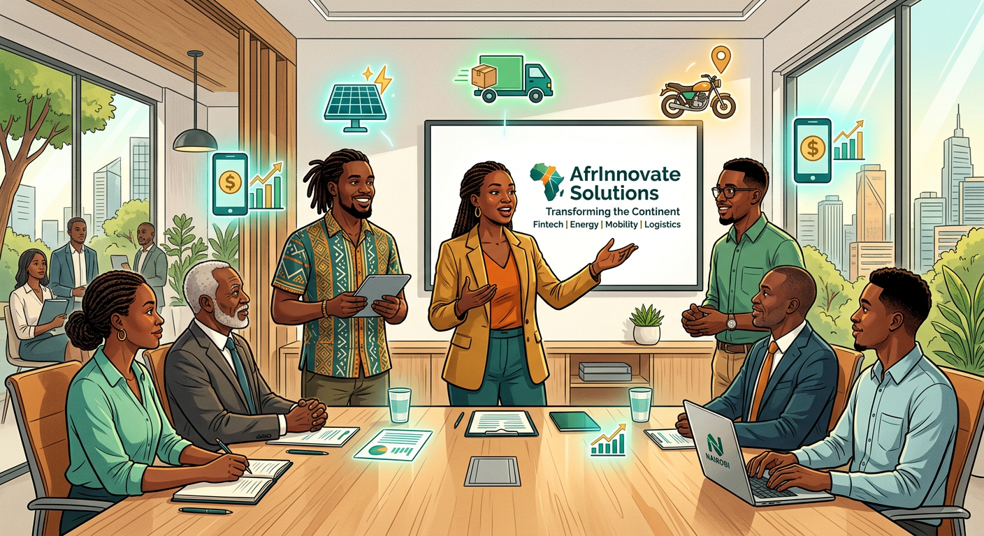 An editorial-style illustration of African startup founders pitching in a bright, modern boardroom, with subtle icons repr...