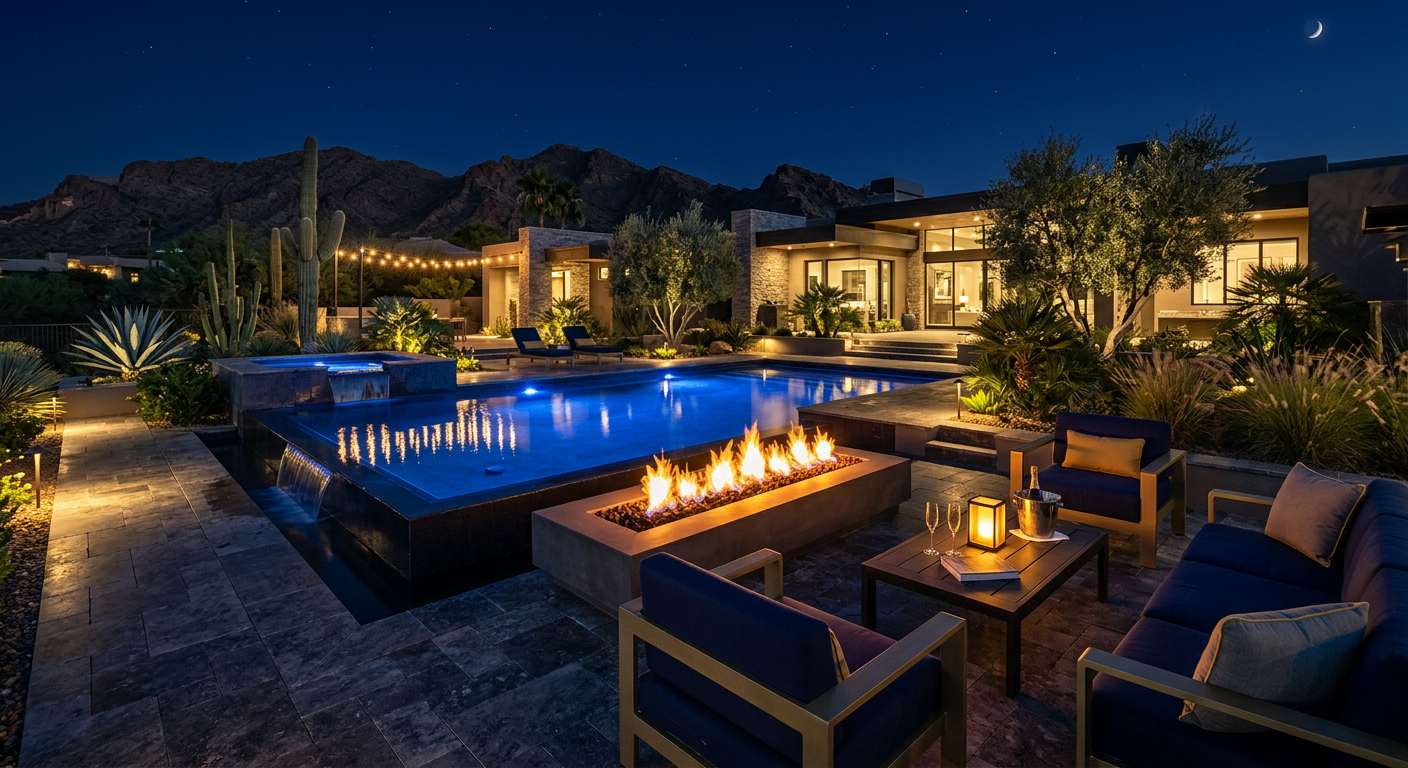 A sophisticated nighttime luxury backyard showing a remodeled pool, glowing fire features, layered landscape lighting, and...