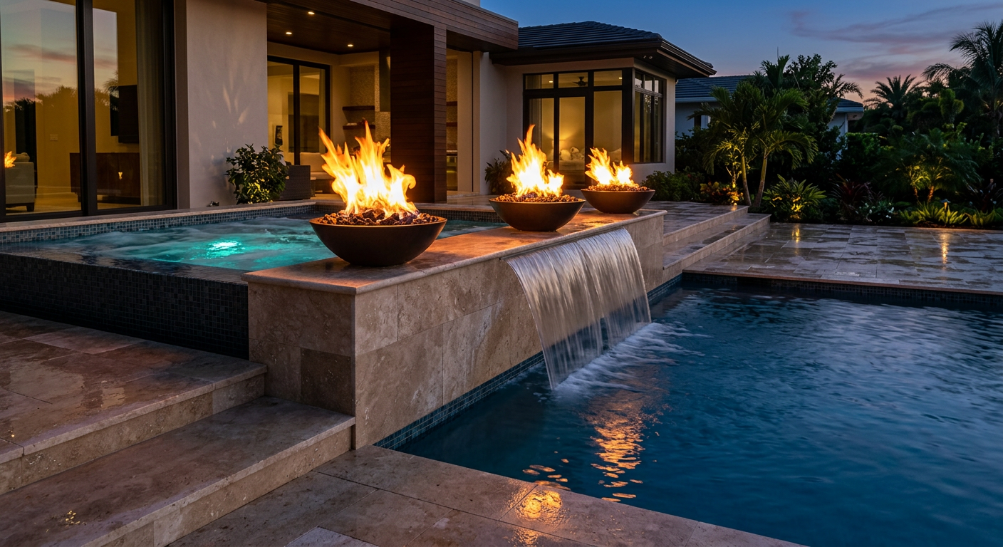 A close-up photorealistic scene of fire bowls glowing beside a raised spa wall with water spilling into a tranquil pool, c...