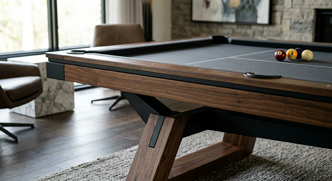 Close-up of a cantilever pool table base with refined wood grain, matte black metal detailing, and premium felt surface in...
