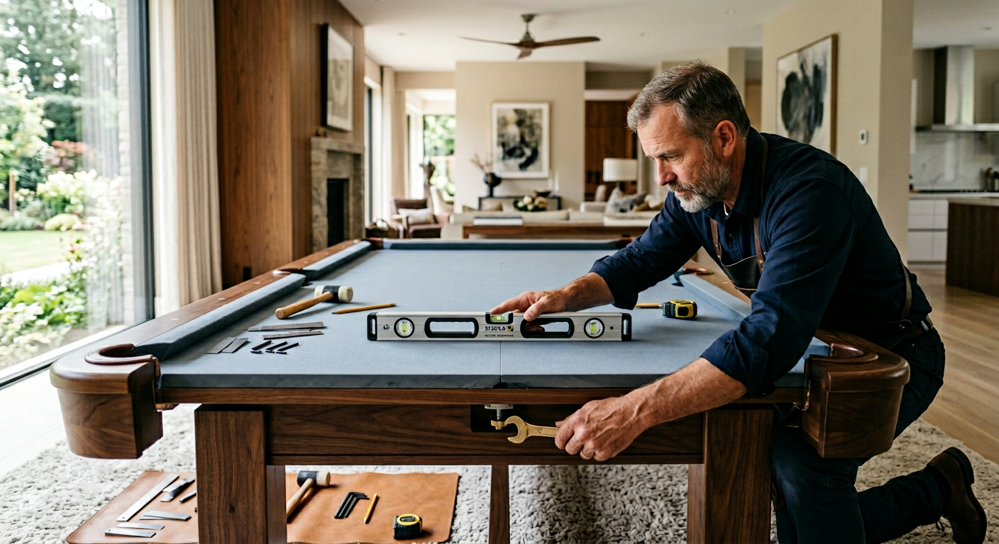 A close-up photorealistic scene of a craftsman adjusting and leveling a luxury pool table in a designer interior, with pre...