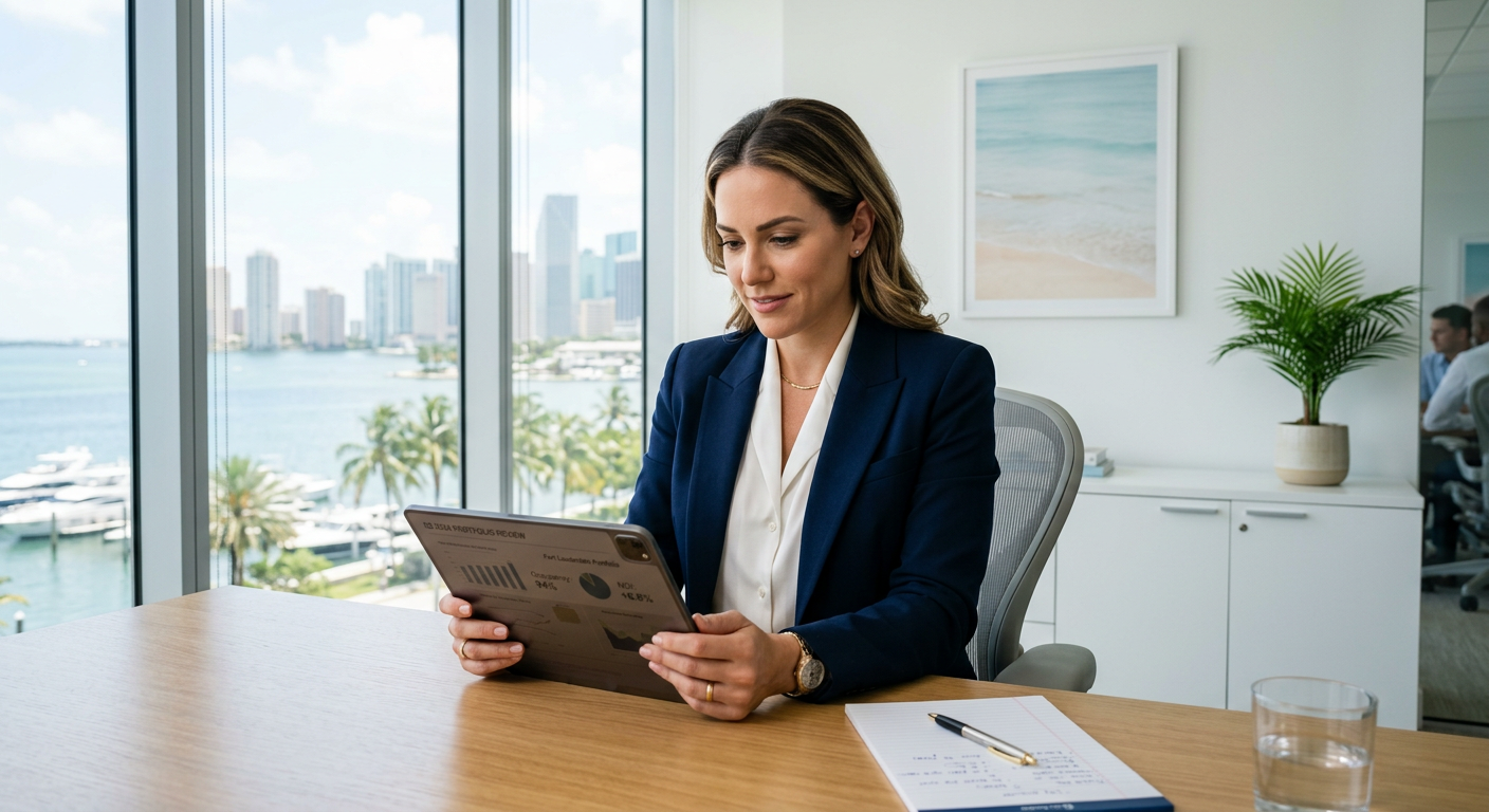 Photorealistic interior scene of a real estate manager reviewing property performance documents on a tablet in a bright mo...