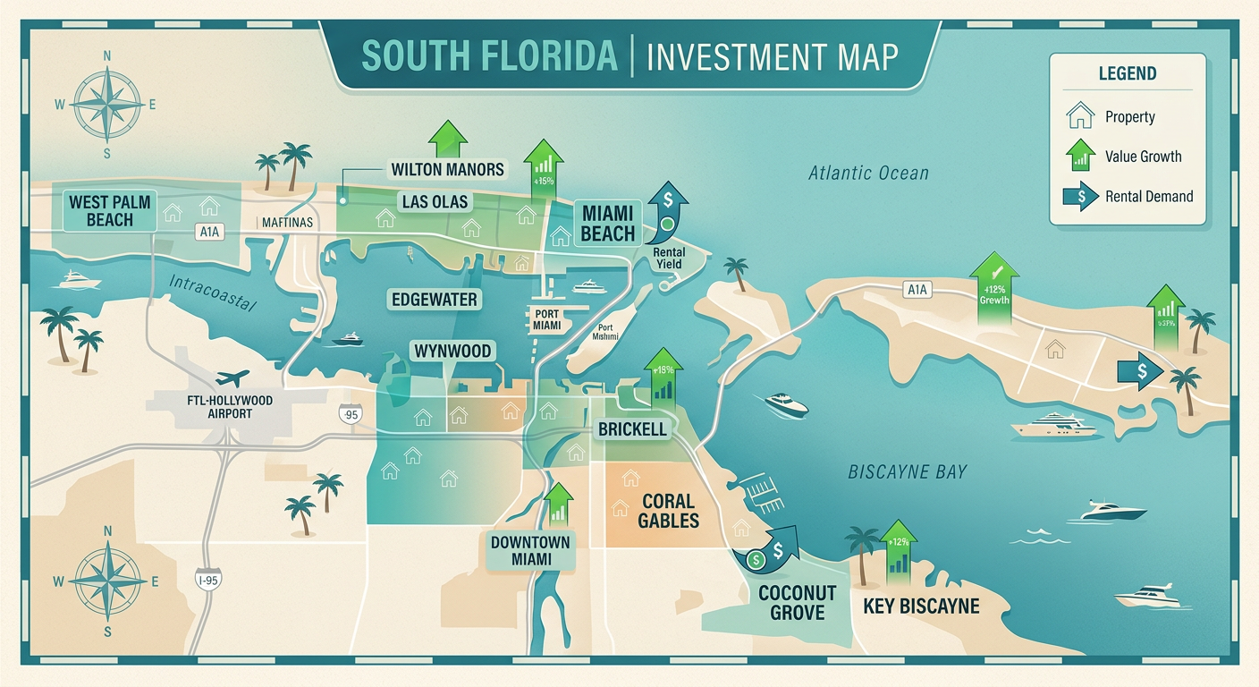 Modern illustration of a South Florida investment map with highlighted neighborhoods, subtle house icons, rental arrows, a...