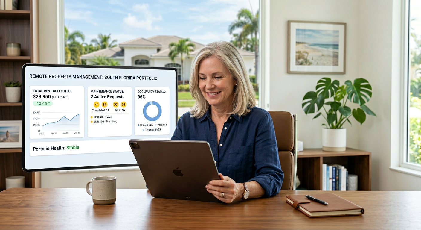 An elegant interior scene of a remote property owner viewing a clean dashboard on a tablet showing rent, maintenance, and ...