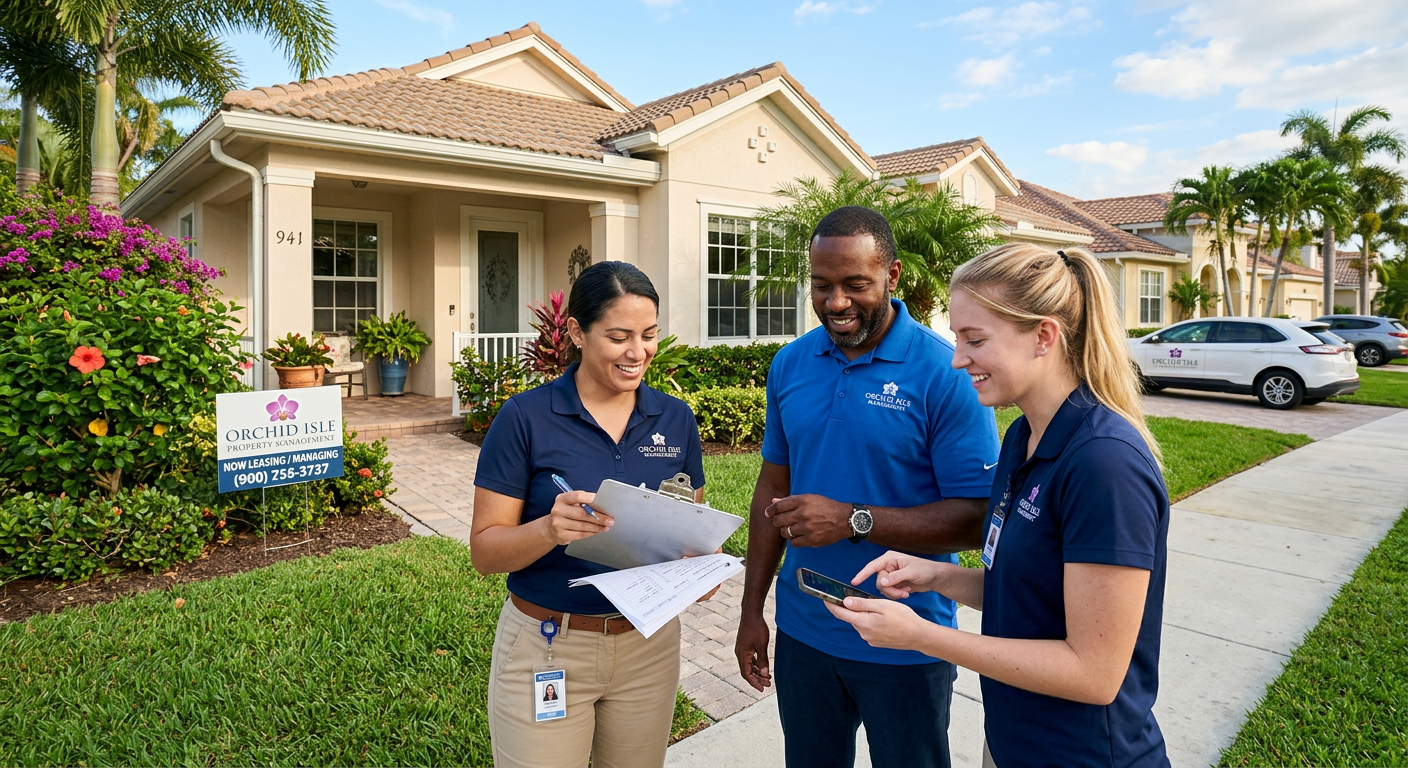 A modern, professional property management team standing outside a well-kept single-family home in a South Florida neighbo...