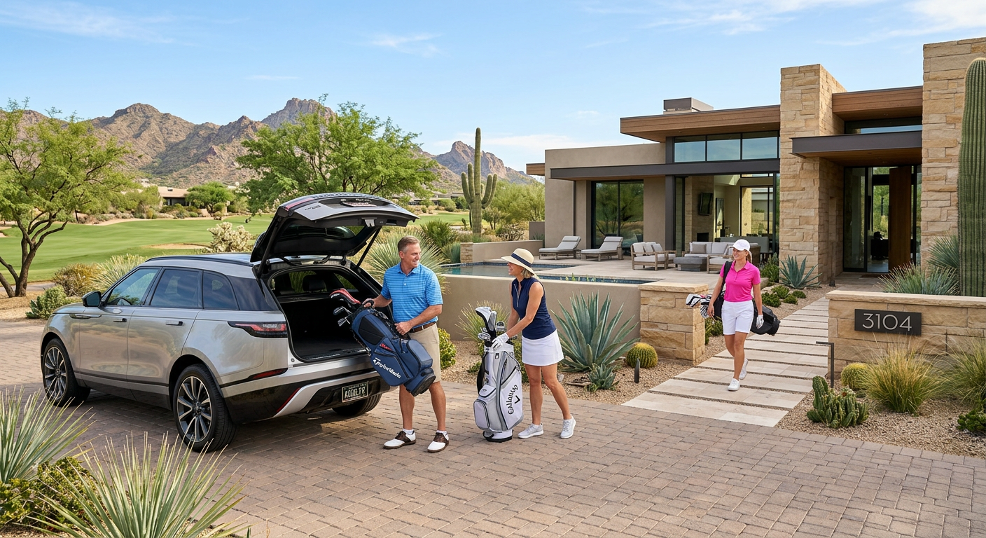Modern photorealistic scene of golfers unloading clubs beside a stylish Scottsdale vacation home near a desert course, cle...