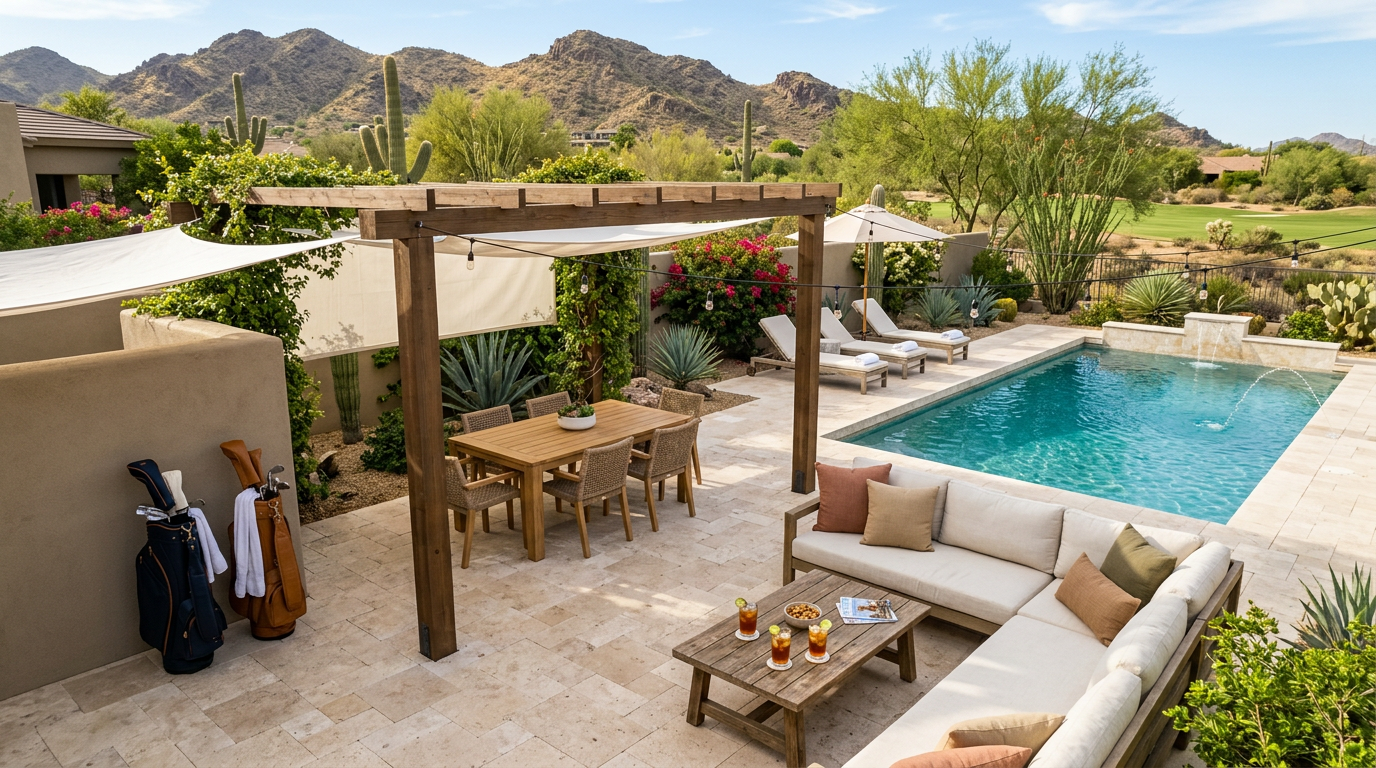 Stylish overhead view of a Scottsdale vacation rental patio with golf bags, iced drinks, shaded seating, desert landscapin...
