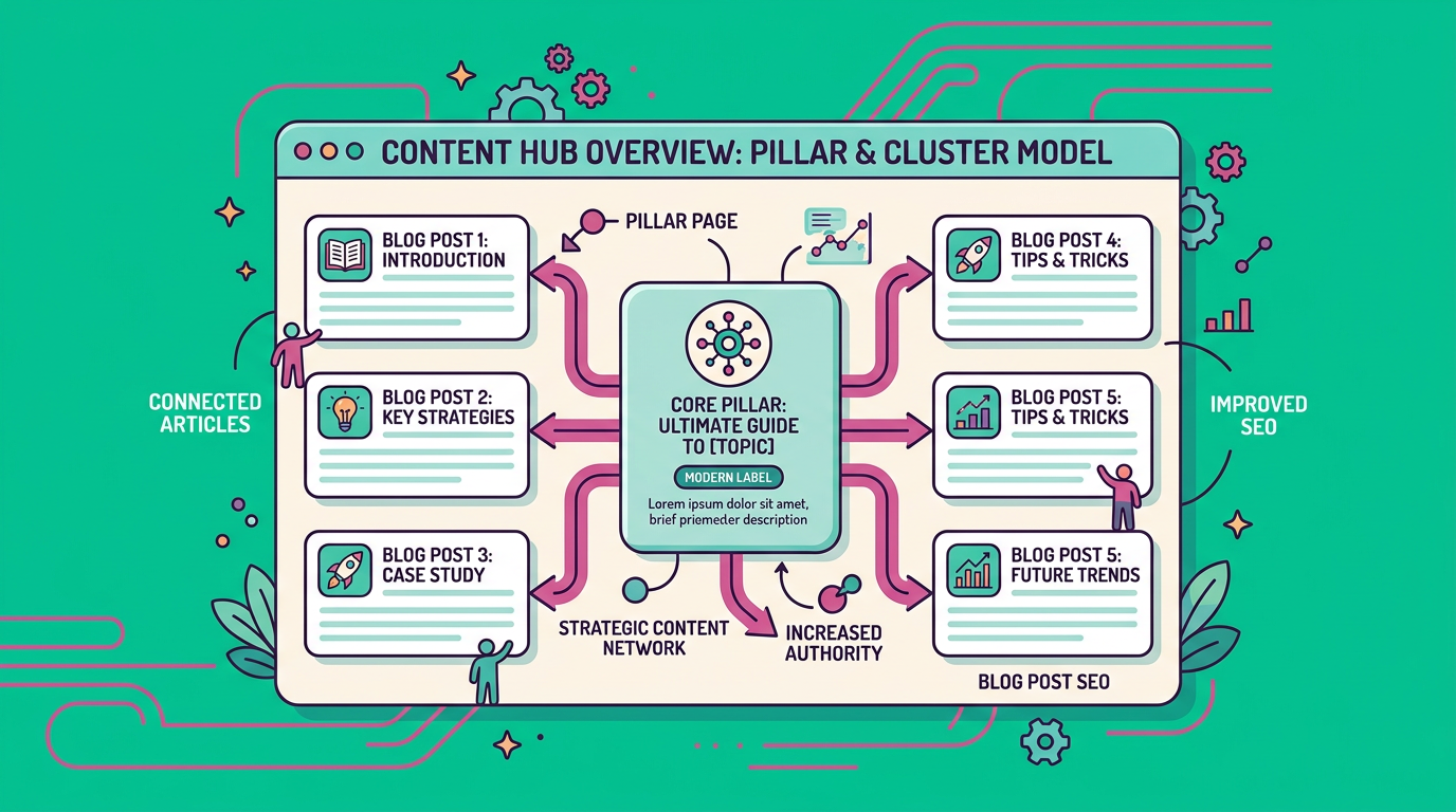 Clean flat cartoon-style in-content graphic showing a content hub with multiple blog posts connected to one pillar page, o...