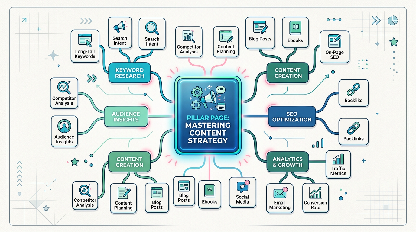 Modern editorial illustration of a website structure map with connected content nodes, one central pillar page highlighted...