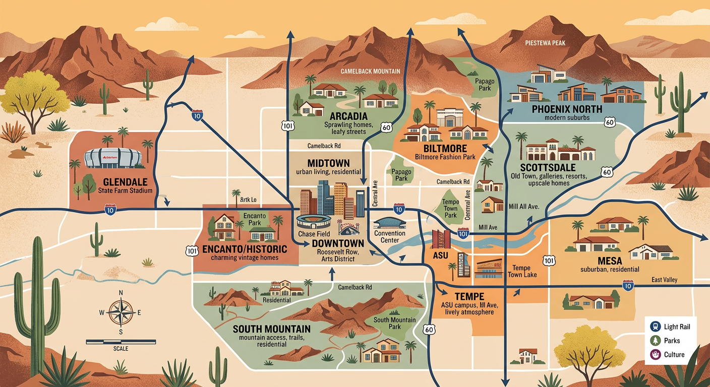 Modern illustrative map-style scene showing Phoenix neighborhoods represented by distinct home clusters, desert landscapin...