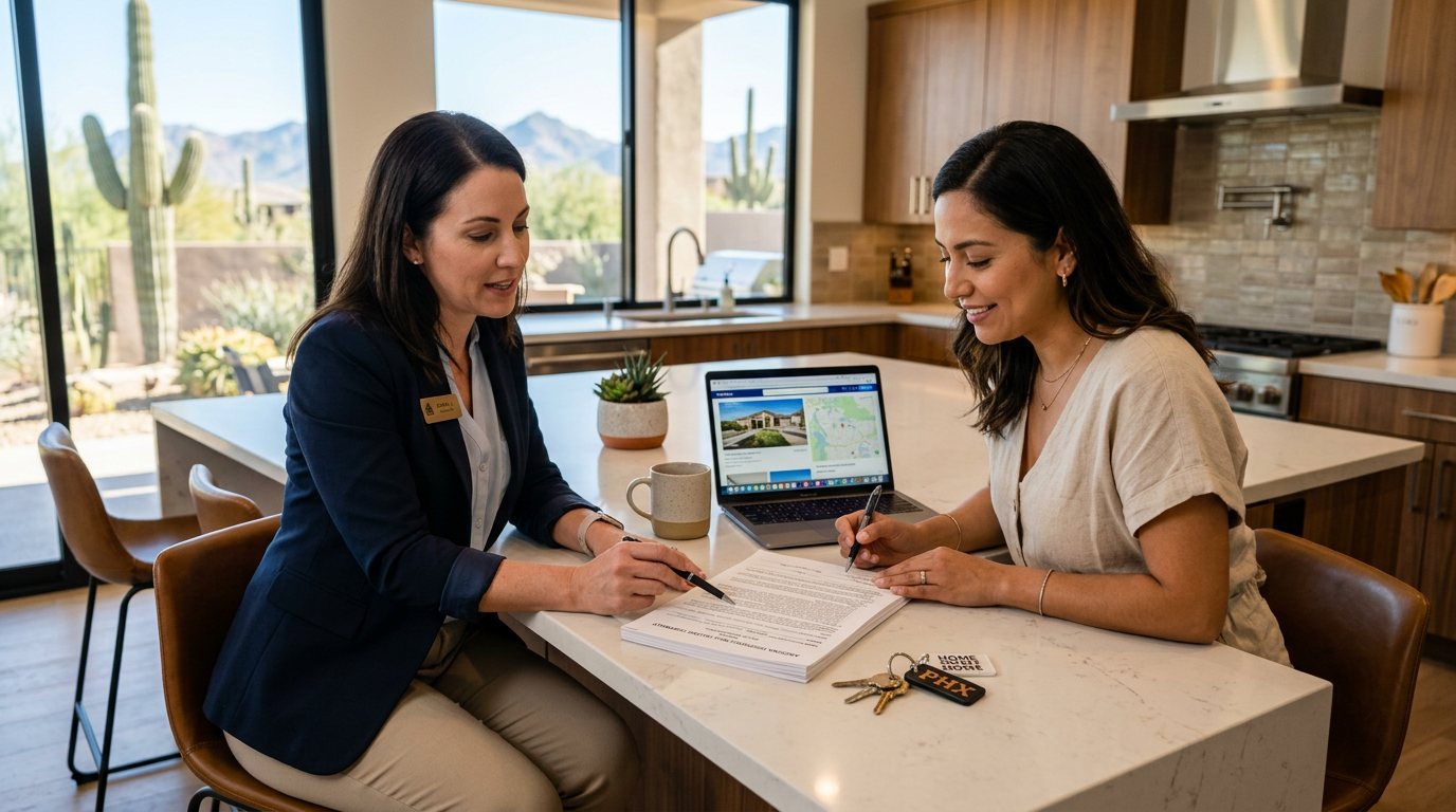 Photorealistic in-content scene of a Phoenix homebuyer reviewing contract documents with a real estate professional at a k...
