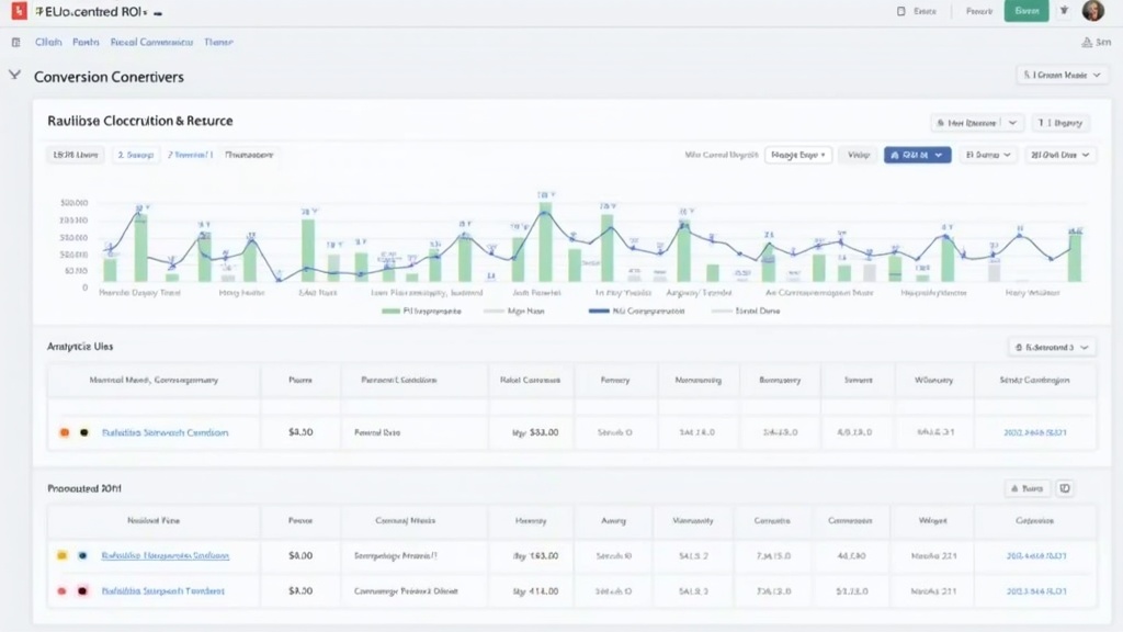Analytics dashboard comparing conversion rates and ROI metrics across different geographic regions with bar charts and trend lines