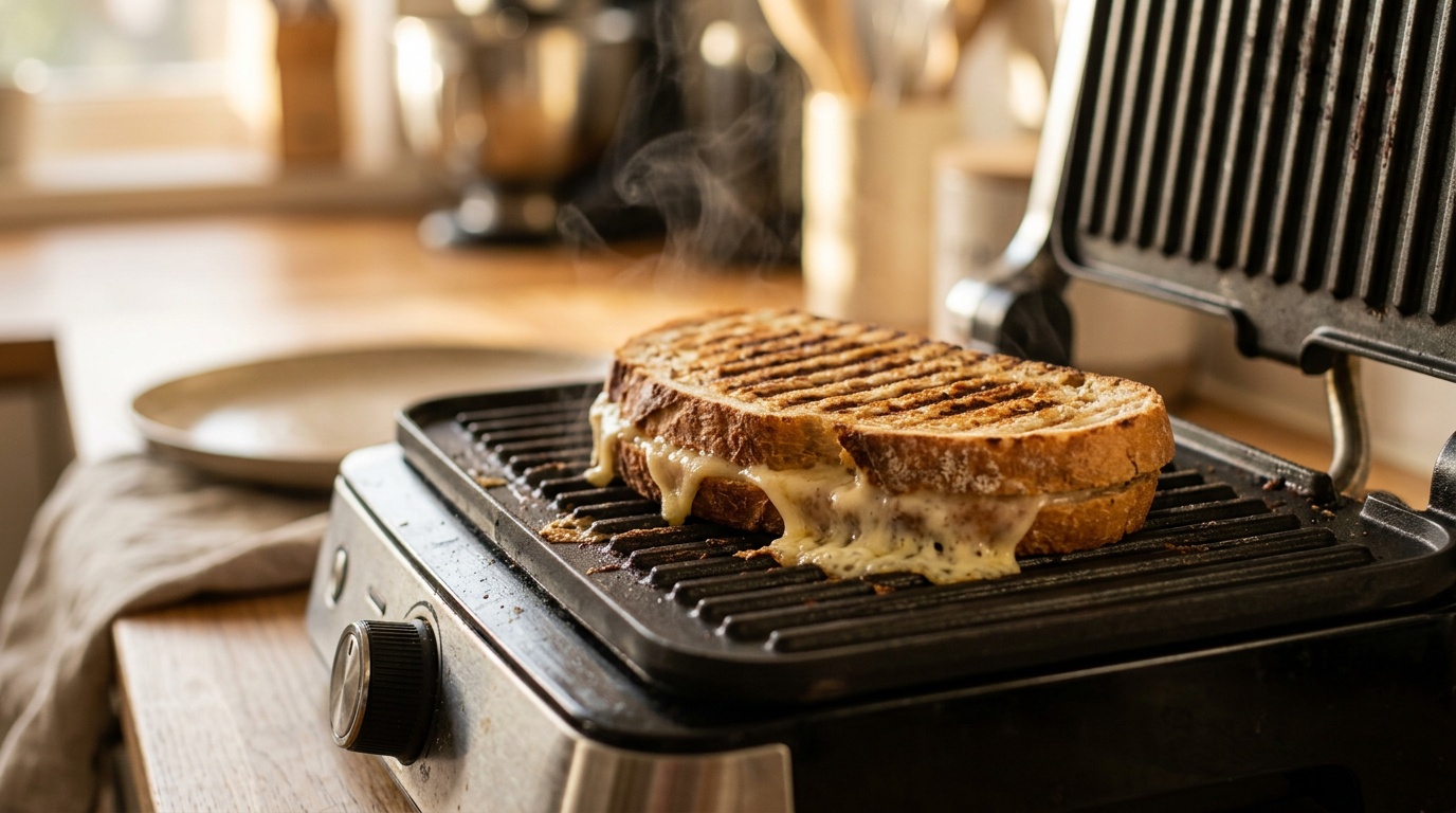 steaming hot panini sandwich being pressed on grill with melted cheese visible