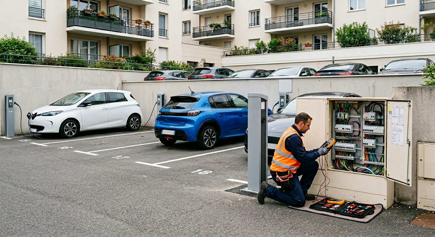 Installation en copropriété d'une borne de recharge électrique IRVE avec plusieurs véhicules en charge et un professionnel vérifiant les connexions.