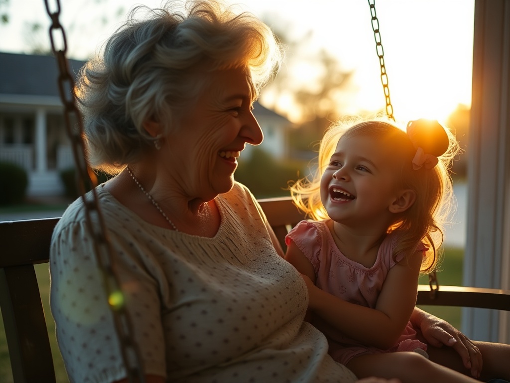 Grandmother and granddaughter laughing on a porch swing