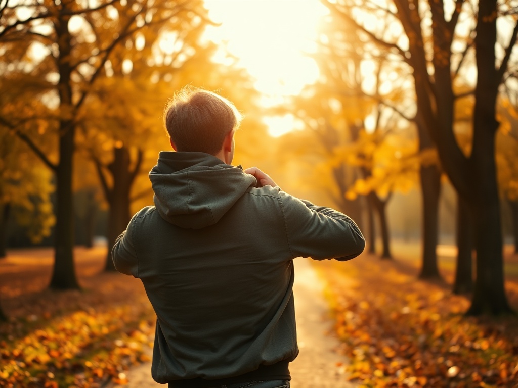 Father carrying son on shoulders in autumn park