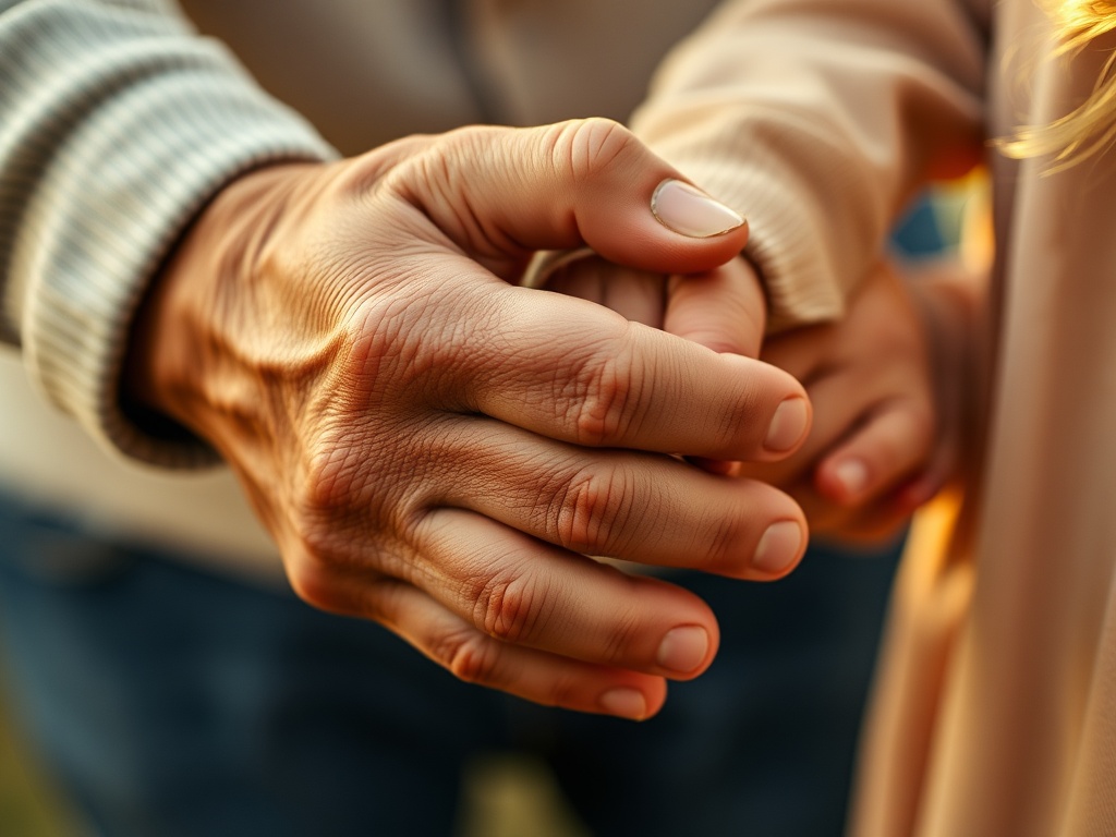 Elderly hands holding a child's hands — intimate family moment