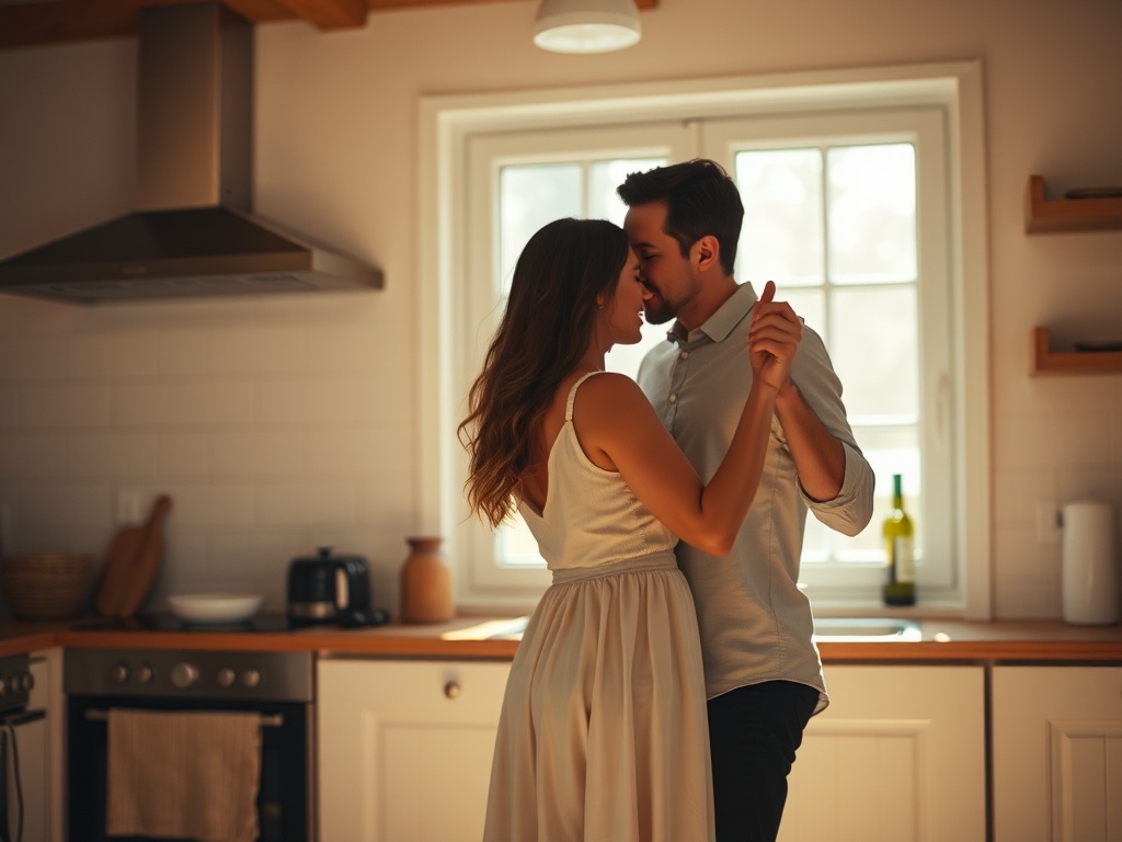Couple dancing in kitchen, warm natural light