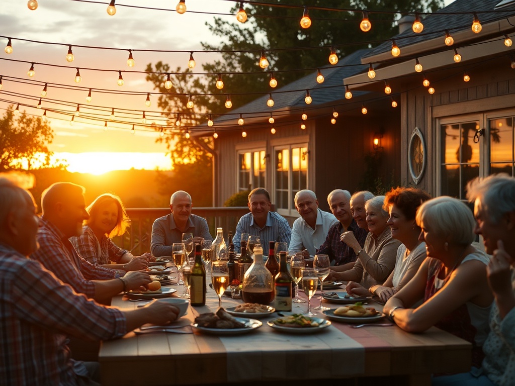 Multigenerational family dinner at sunset with string lights