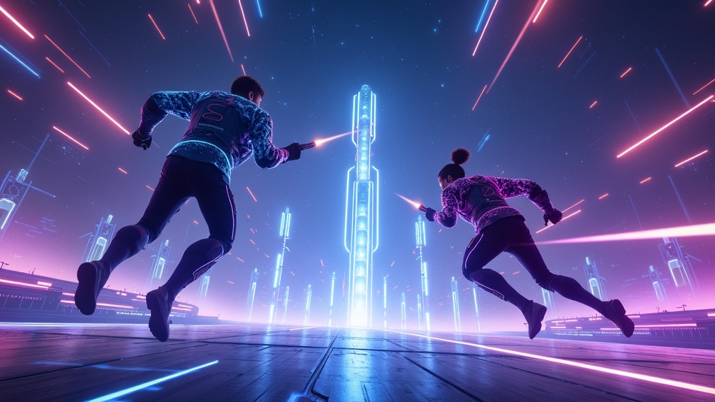 Interfaz ciberpunk y mapas futuristas de Tower Tag
