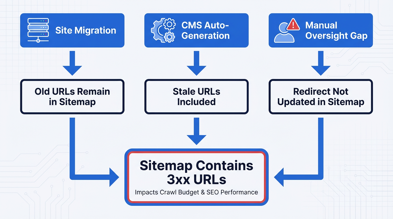 Diagram showing how 3xx redirects get into XML sitemaps