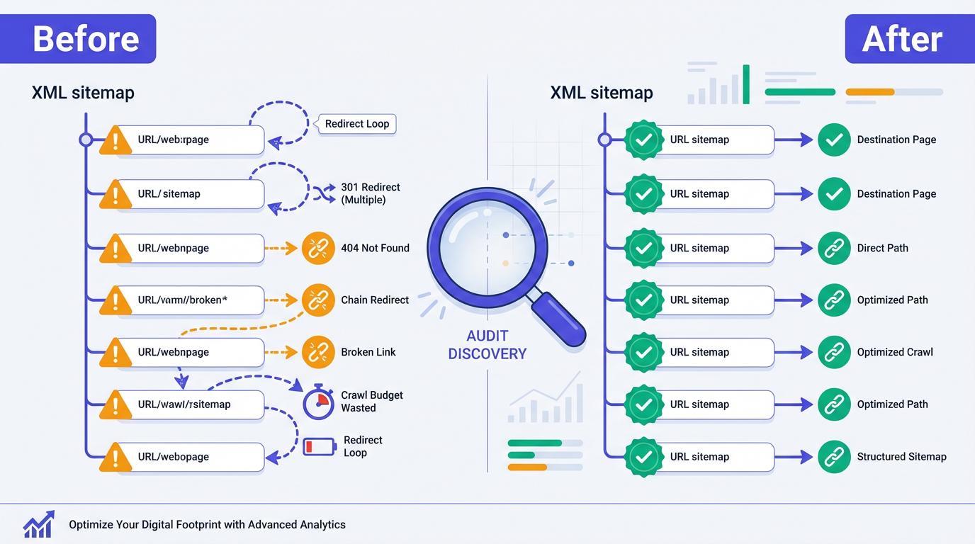 Before and after cleaning 3xx redirects from a sitemap