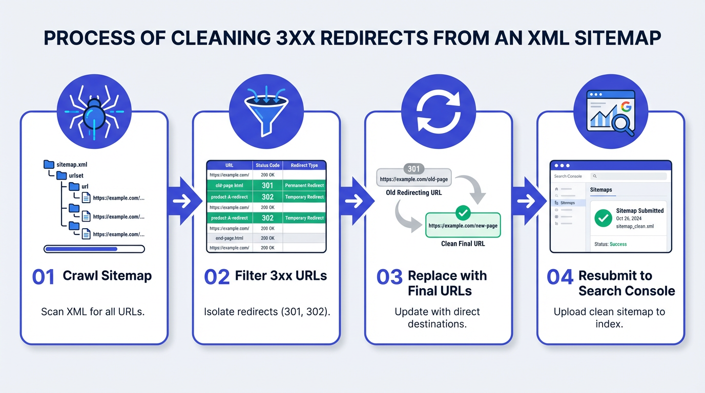 Steps to find and fix 3xx redirects in XML sitemap
