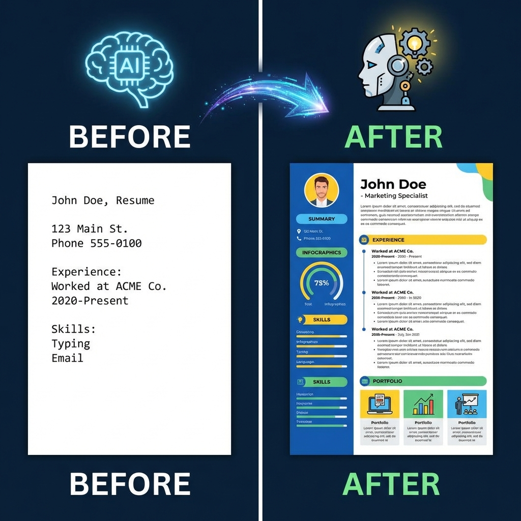 A split-screen graphic showing a simple text document on one side transforming into a professionally formatted, colorful resu