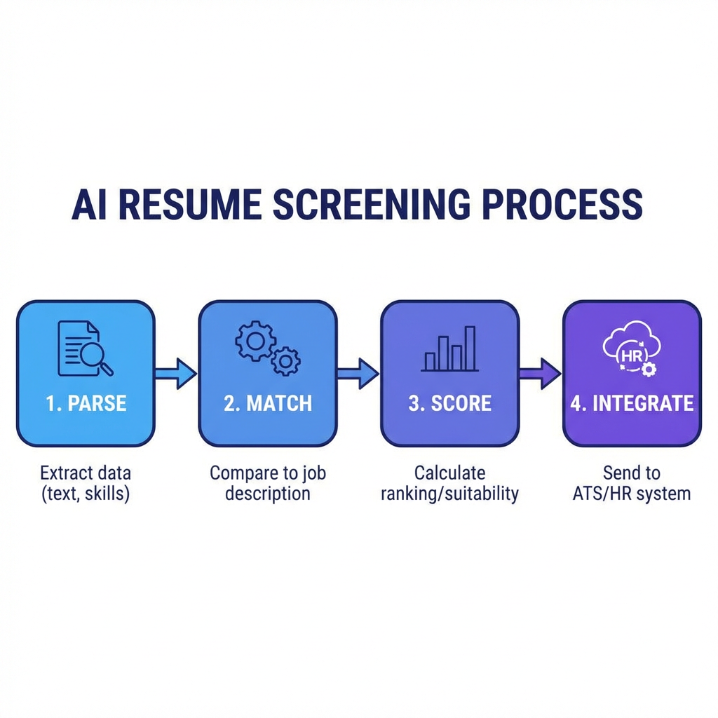 A flowchart diagram showing the four-step process of AI resume screening: Parse, Match, Score, and Integrate.
