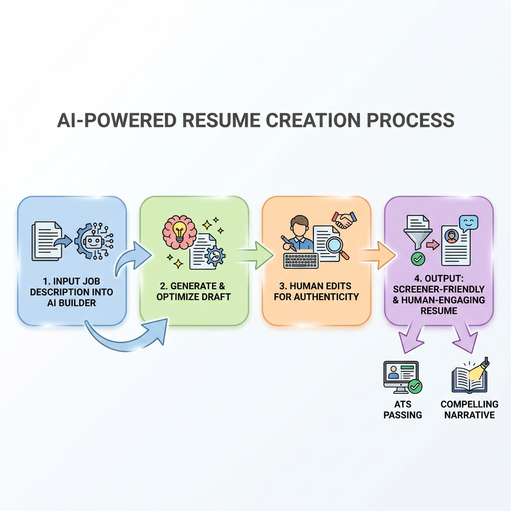 A flowchart diagram showing steps: 1. Input Job Description into AI Builder, 2. Generate & Optimize Draft, 3. Human Edits for