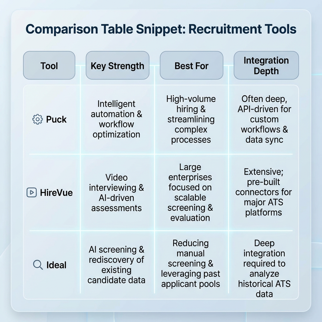 A comparison table snippet showing tools like Puck, HireVue, and Ideal with columns for Key Strength, Best For, and Integrati
