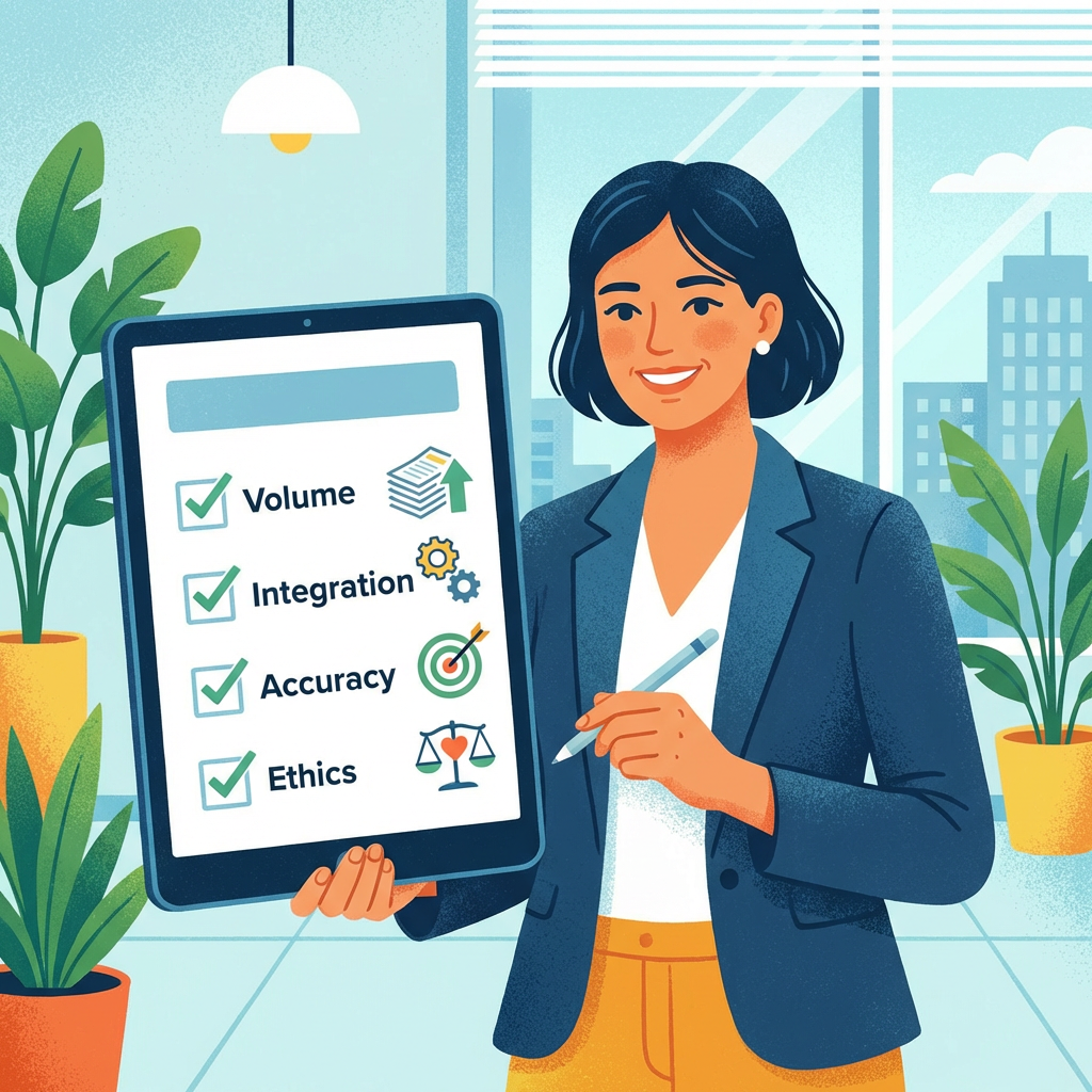 An illustration of a recruiter using a checklist on a tablet, with icons representing volume, integration, accuracy, and ethi