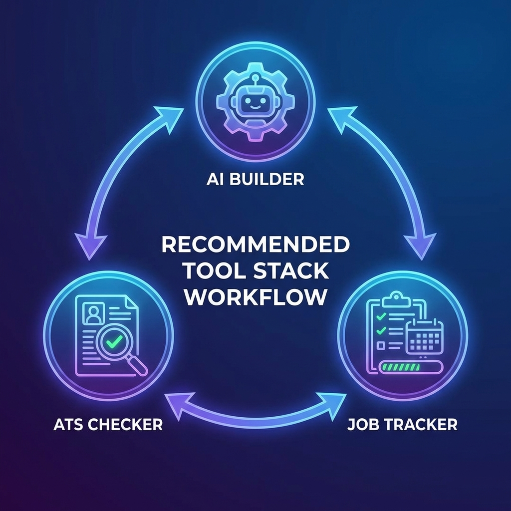 A visual of a recommended tool stack: icons for an AI Builder, an ATS Checker, and a Job Tracker, with arrows connecting them