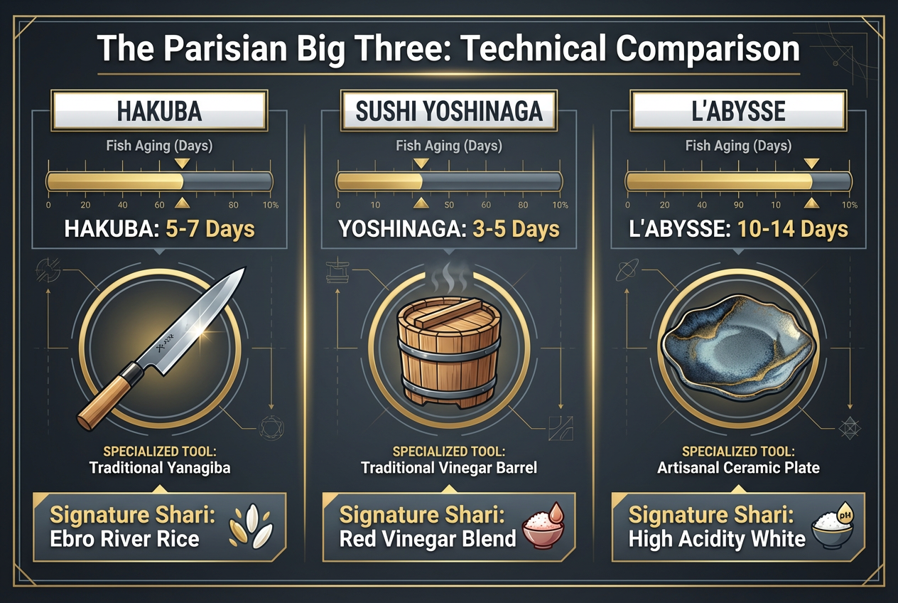 Comparison chart of top Paris sushi restaurants Hakuba, Sushi Yoshinaga, and L'Abysse showing Michelin stars and technical fish aging specs.