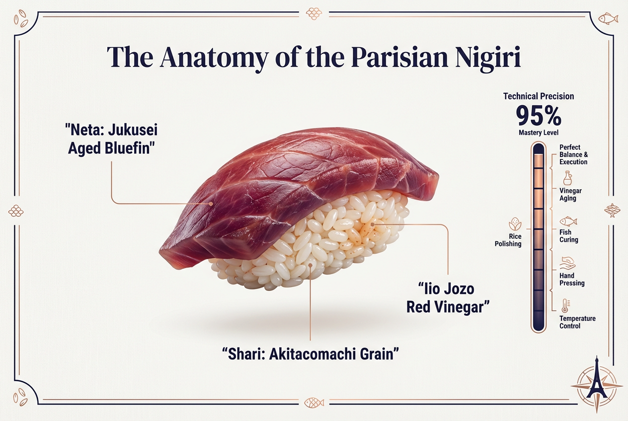 Technical diagram of a premium nigiri piece explaining Shari rice consistency and Jukusei aging techniques for serious sushi foodies.