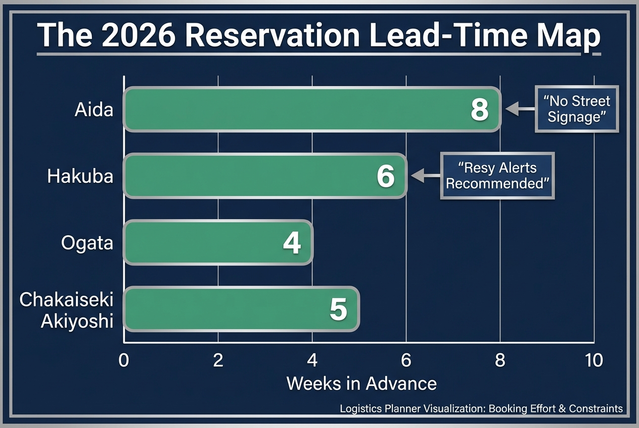 Bar chart showing reservation lead times for exclusive Paris sushi restaurants like Aida, Hakuba, and Ogata for the 2026 season.