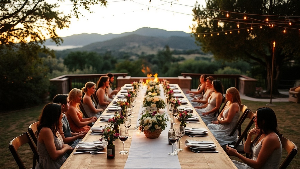 Intimate wedding dinner table set for guests at an Ojai estate with wood-fire glow and string lights — The Estate Chef