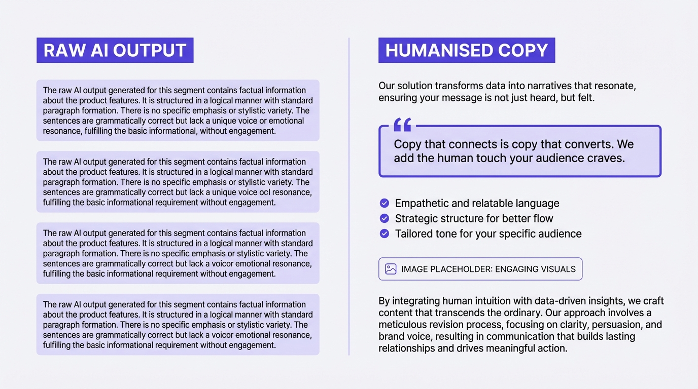 AI humanizer comparison showing raw AI output versus humanized copy with structural variety
