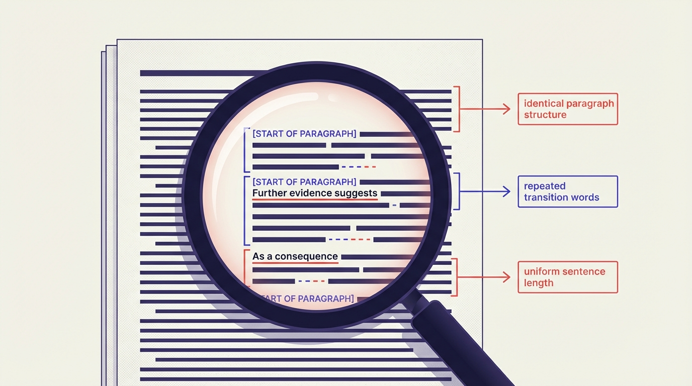 Illustration revealing hidden AI writing patterns in content with editorial annotations