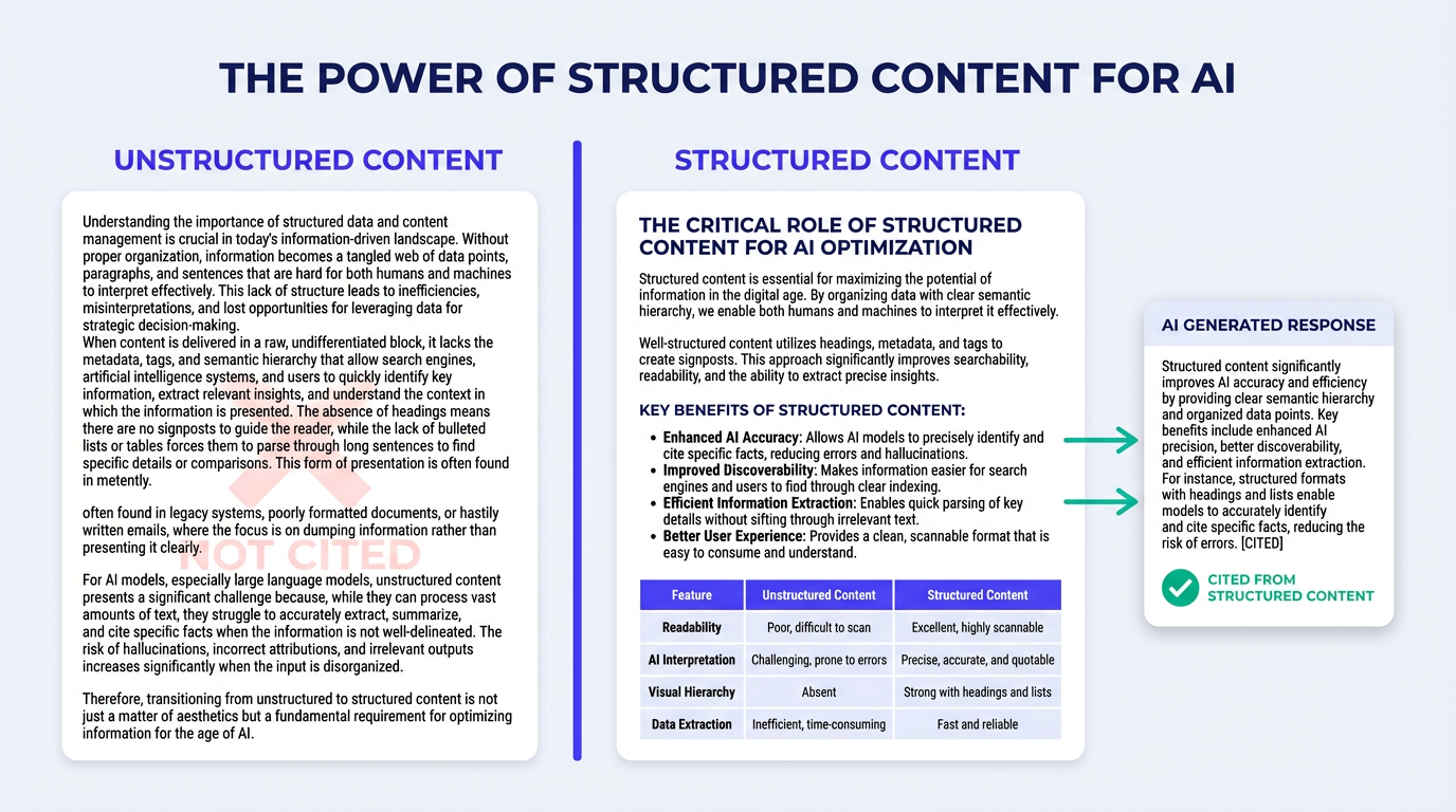 Structured vs unstructured content comparison for AI discoverability