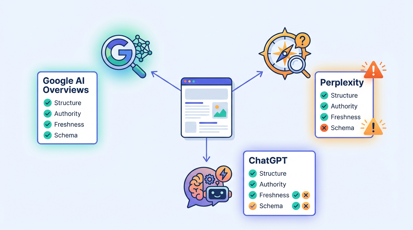 Multiple AI engines evaluating content discoverability criteria differently