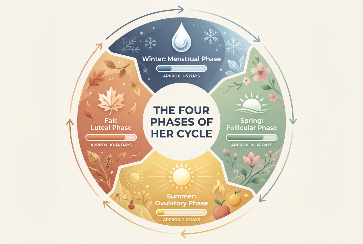 A circular infographic showing the four phases of the menstrual cycle: Menstrual, Follicular, Ovulatory, and Luteal, using a seasonal metaphor.