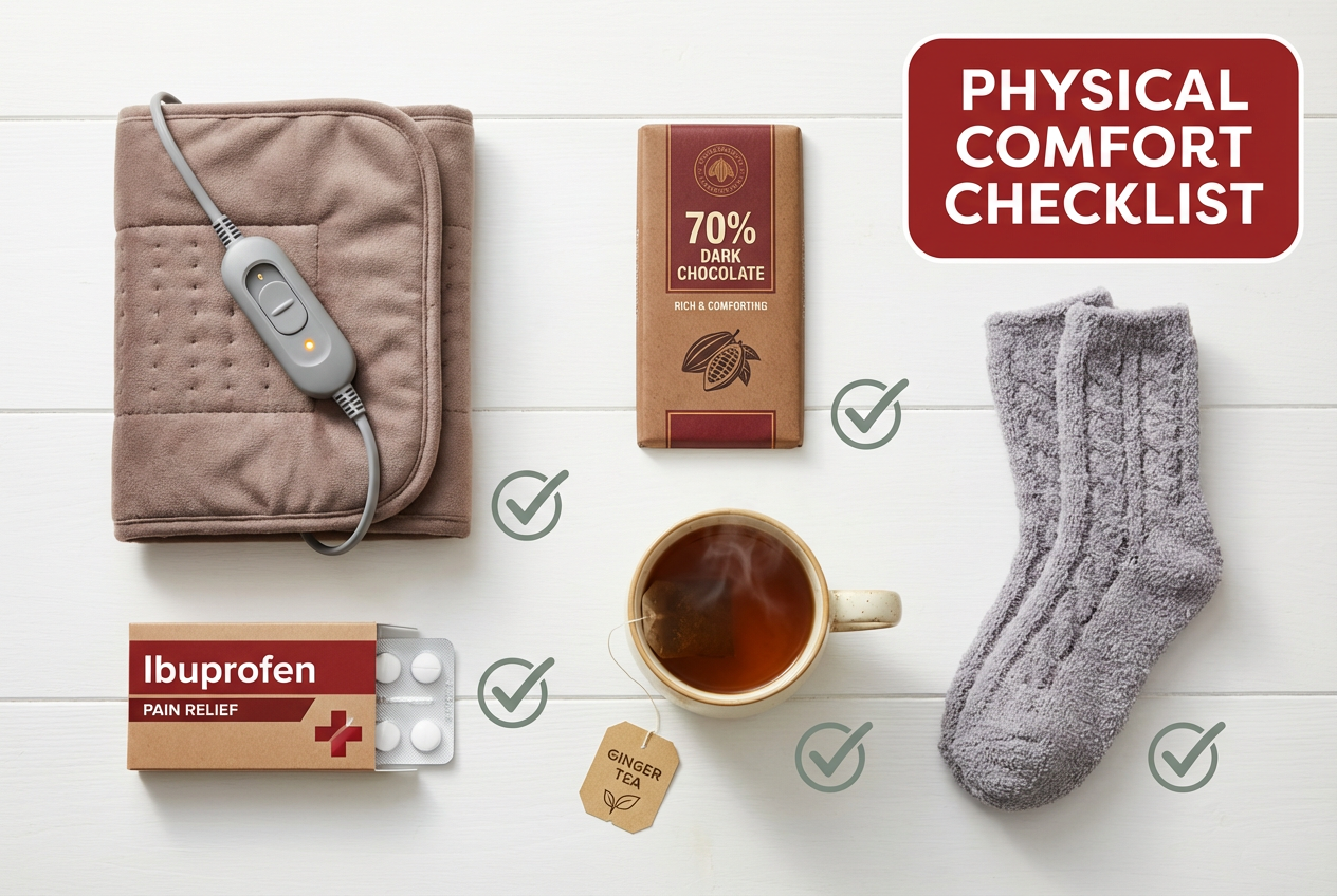 A top-down flat lay of period support items including a heating pad, dark chocolate, ginger tea, and pain relief medication on a white surface.