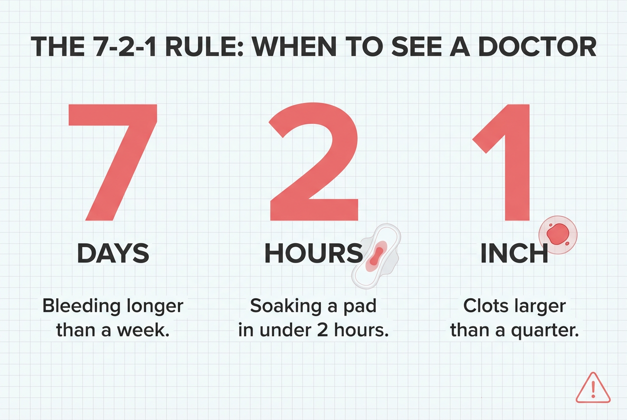 An infographic detailing the 7-2-1 rule for menstruation: 7 days of bleeding, changing pads every 2 hours, and 1-inch blood clots.