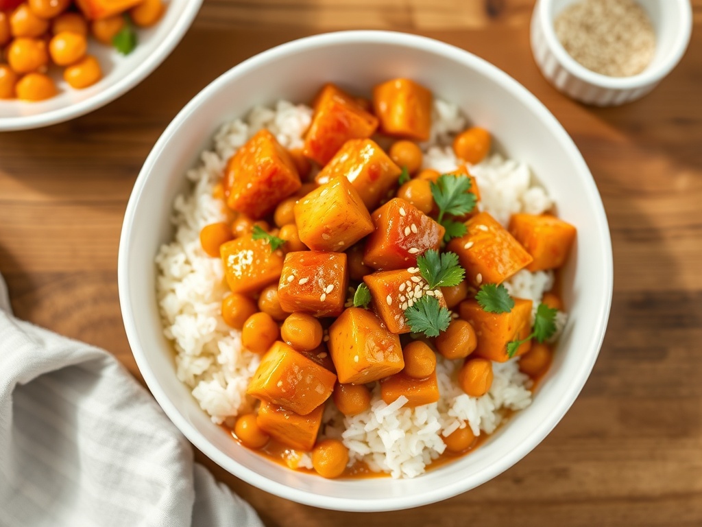 Tofu a la Naranja + Garbanzos Guisados con Tomate, Coco y Comino + Arroz Jazmín