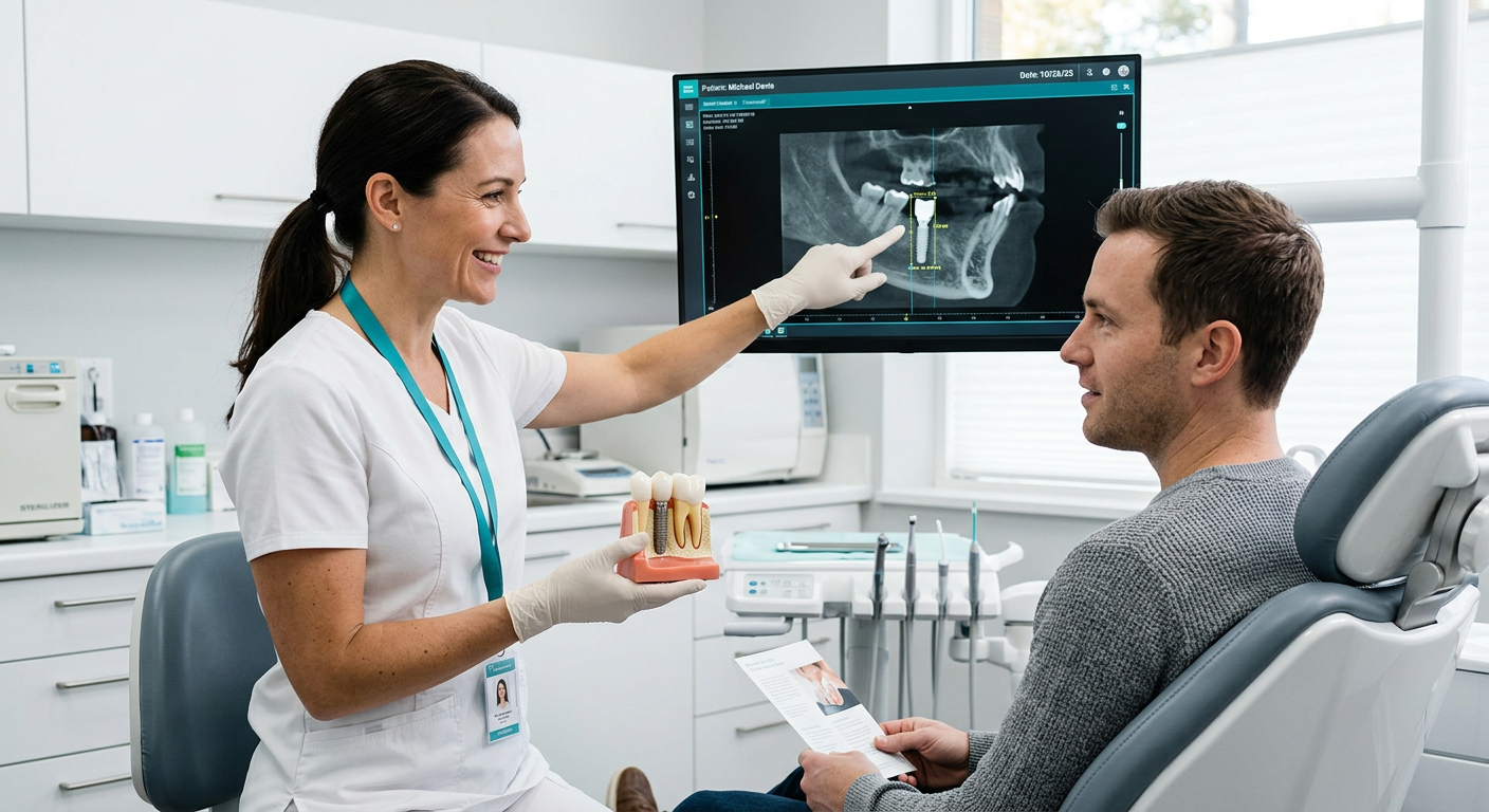 Close-up photorealistic scene of a dentist reviewing a dental implant model and digital X-ray with a patient, modern clini...