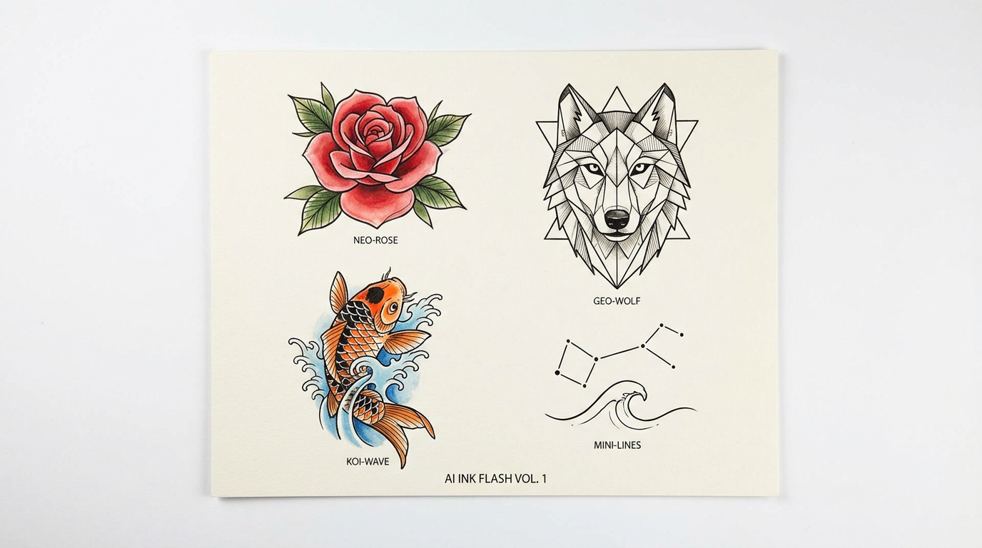 Collection of AI-generated tattoo designs including rose, geometric wolf, Japanese koi fish, and minimalist line art on clean white background