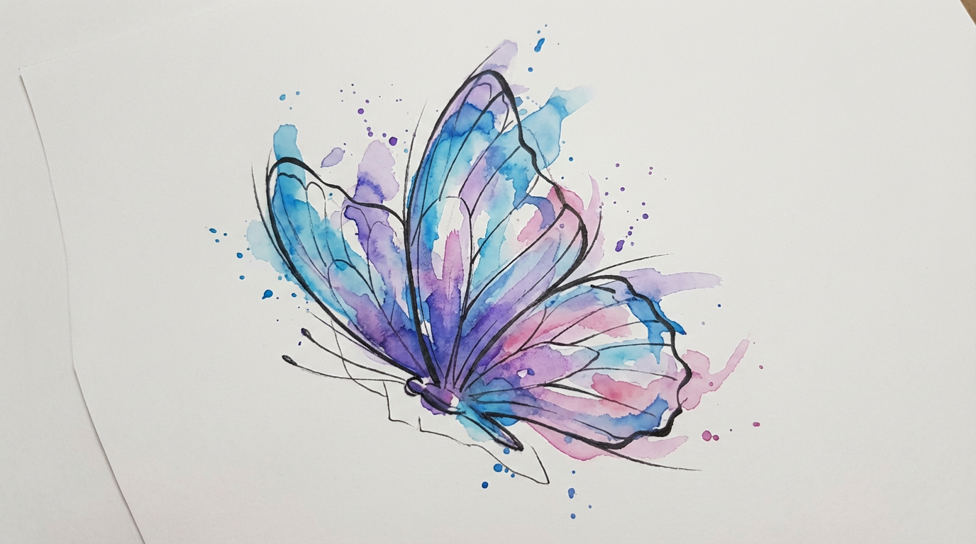 Beautiful watercolor style butterfly tattoo design with blue purple and pink splashes, artistic tattoo art