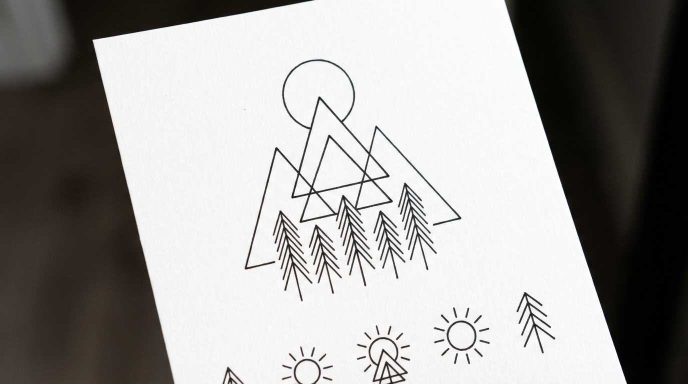 Minimalist fine line mountain landscape tattoo design with sun and forest, geometric modern style
